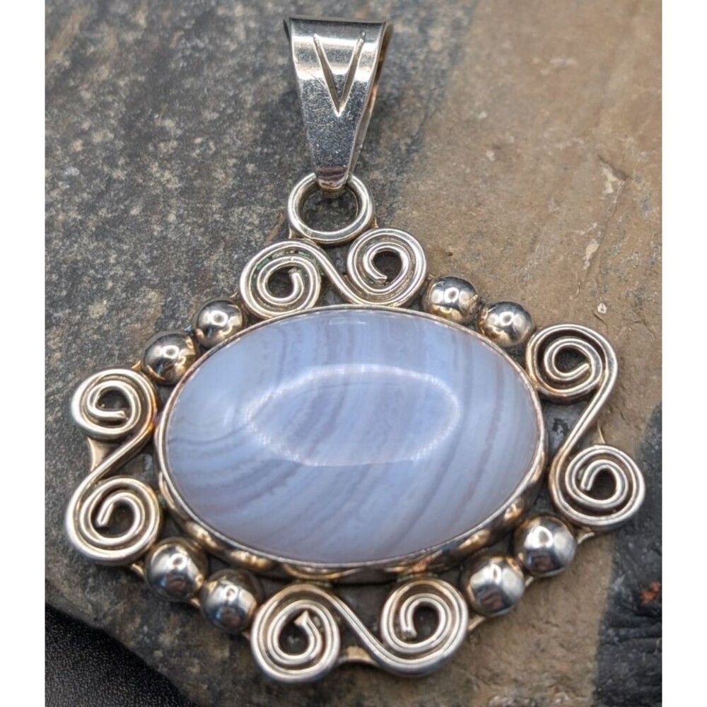 Sterling Silver Pendant with Blue Lace Agate | CII Mexico 925 | 15g | 1.5" Ornat